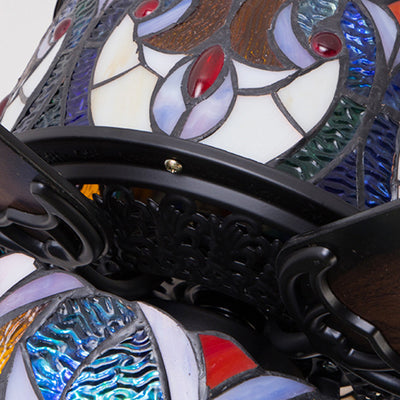 Traditional Tiffany Stained Glass Dome Shade Wood Fan Hardware 5-Light Downrods Ceiling Fan Light For Living Room