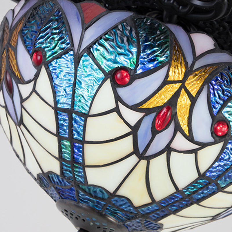 Traditional Tiffany Stained Glass Dome Shade Wood Fan Hardware 5-Light Downrods Ceiling Fan Light For Living Room