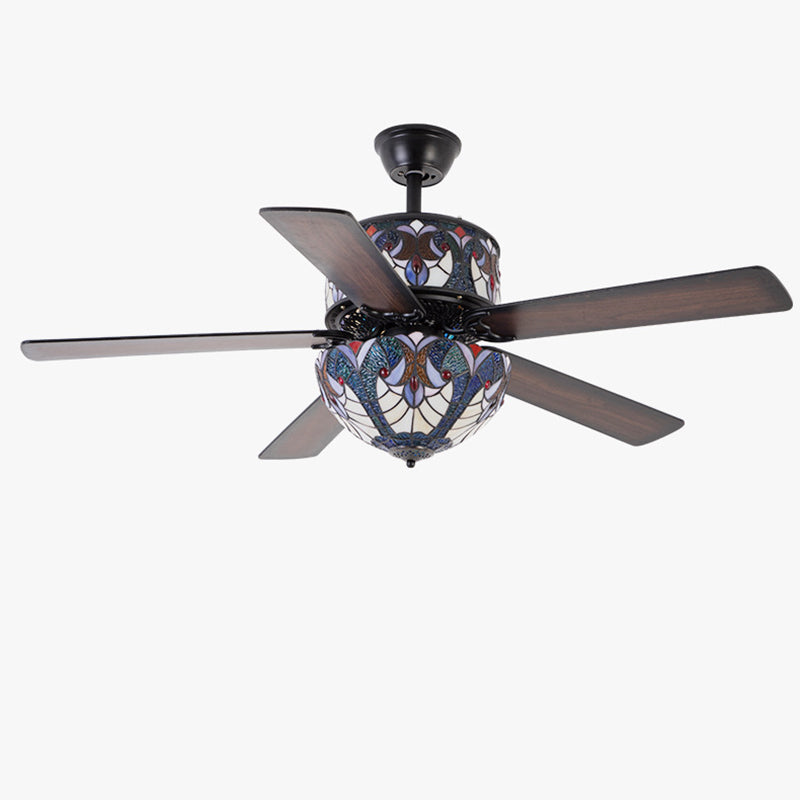 Pantalla de cúpula de vidrio teñido tradicional de Tiffany, ventilador de madera, hardware de 5 luces, varillas hacia abajo, luz de ventilador de techo para sala de estar 