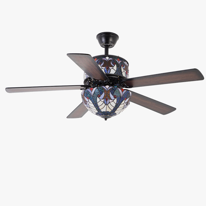 Pantalla de cúpula de vidrio teñido tradicional de Tiffany, ventilador de madera, hardware de 5 luces, varillas hacia abajo, luz de ventilador de techo para sala de estar 