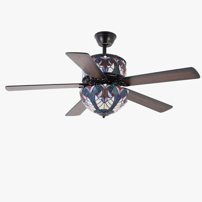 Traditional Tiffany Stained Glass Dome Shade Wood Fan Hardware 5-Light Downrods Ceiling Fan Light For Living Room