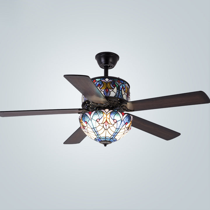 Pantalla de cúpula de vidrio teñido tradicional de Tiffany, ventilador de madera, hardware de 5 luces, varillas hacia abajo, luz de ventilador de techo para sala de estar 