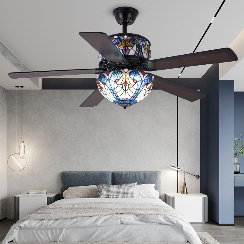 Traditional Tiffany Stained Glass Dome Shade Wood Fan Hardware 5-Light Downrods Ceiling Fan Light For Living Room