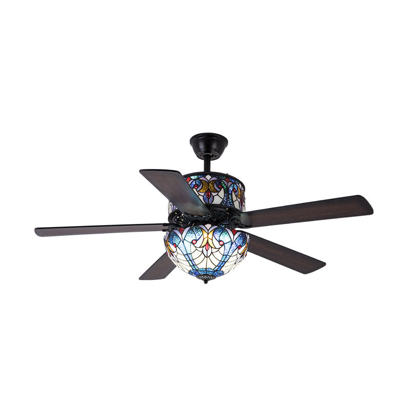 Pantalla de cúpula de vidrio teñido tradicional de Tiffany, ventilador de madera, hardware de 5 luces, varillas hacia abajo, luz de ventilador de techo para sala de estar 