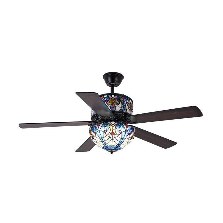 Pantalla de cúpula de vidrio teñido tradicional de Tiffany, ventilador de madera, hardware de 5 luces, varillas hacia abajo, luz de ventilador de techo para sala de estar 