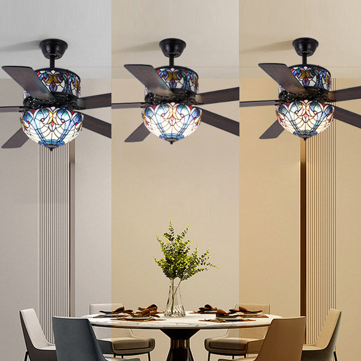 Pantalla de cúpula de vidrio teñido tradicional de Tiffany, ventilador de madera, hardware de 5 luces, varillas hacia abajo, luz de ventilador de techo para sala de estar 