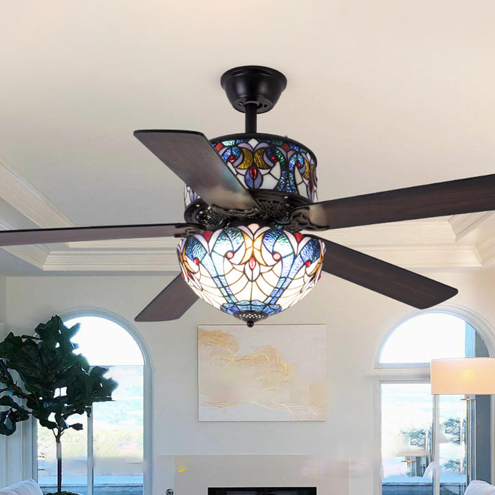 Pantalla de cúpula de vidrio teñido tradicional de Tiffany, ventilador de madera, hardware de 5 luces, varillas hacia abajo, luz de ventilador de techo para sala de estar 