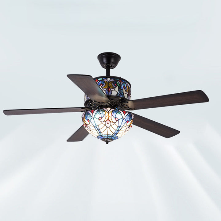 Pantalla de cúpula de vidrio teñido tradicional de Tiffany, ventilador de madera, hardware de 5 luces, varillas hacia abajo, luz de ventilador de techo para sala de estar 