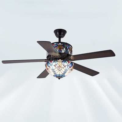 Traditional Tiffany Stained Glass Dome Shade Wood Fan Hardware 5-Light Downrods Ceiling Fan Light For Living Room