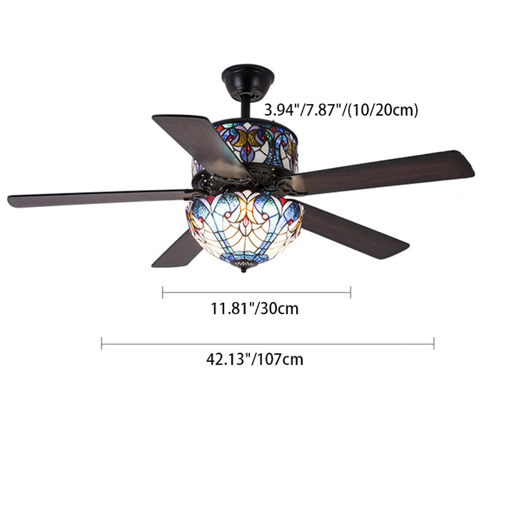 Pantalla de cúpula de vidrio teñido tradicional de Tiffany, ventilador de madera, hardware de 5 luces, varillas hacia abajo, luz de ventilador de techo para sala de estar 