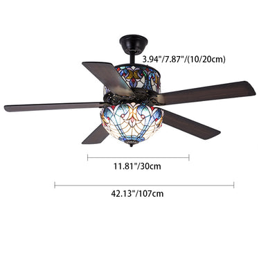 Traditional Tiffany Stained Glass Dome Shade Wood Fan Hardware 5-Light Downrods Ceiling Fan Light For Living Room