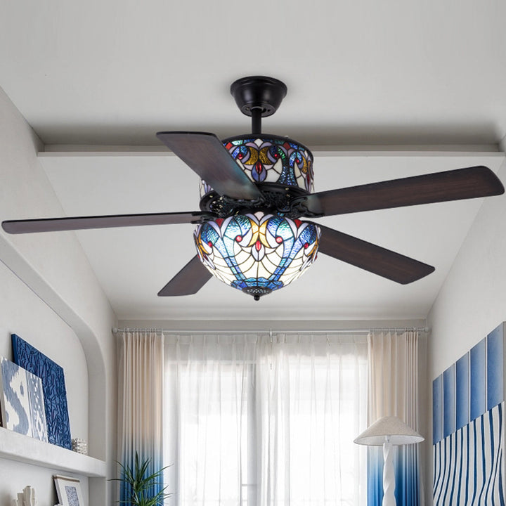 Pantalla de cúpula de vidrio teñido tradicional de Tiffany, ventilador de madera, hardware de 5 luces, varillas hacia abajo, luz de ventilador de techo para sala de estar 