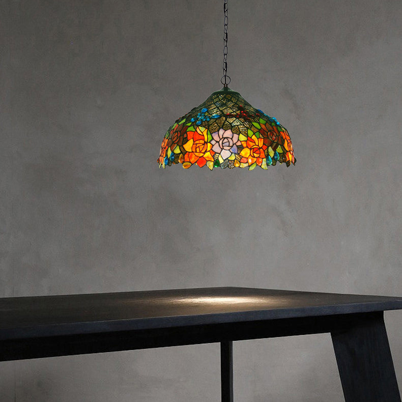 Lámpara de araña de 2 luces con pantalla de vidrio teñido de flor de rosa y mariposa Tiffany tradicional para sala de estar 