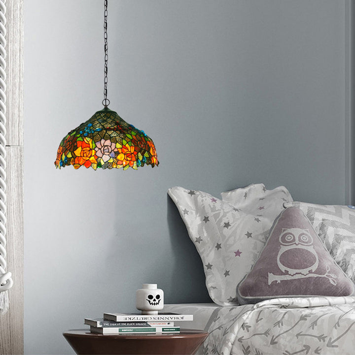 Lámpara de araña de 2 luces con pantalla de vidrio teñido de flor de rosa y mariposa Tiffany tradicional para sala de estar 