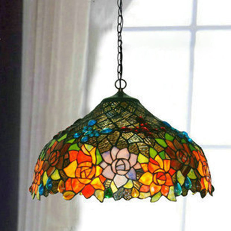 Lámpara de araña de 2 luces con pantalla de vidrio teñido de flor de rosa y mariposa Tiffany tradicional para sala de estar 