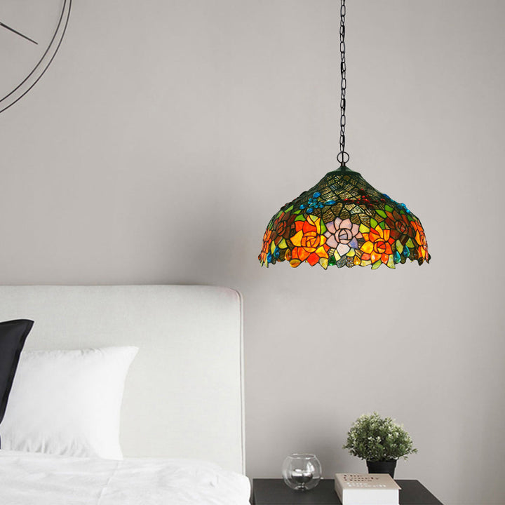 Lámpara de araña de 2 luces con pantalla de vidrio teñido de flor de rosa y mariposa Tiffany tradicional para sala de estar 