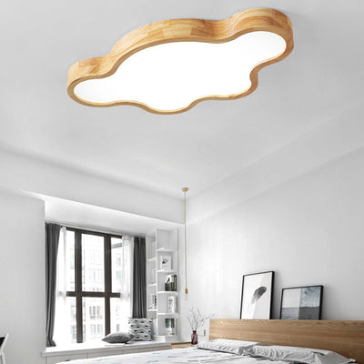 Traditional Japanese Solid Wood Acrylic Cloud Shade LED Flush Mount Ceiling Light For Living Room