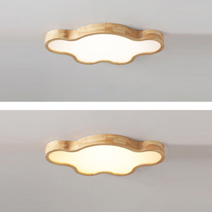 Traditional Japanese Solid Wood Acrylic Cloud Shade LED Flush Mount Ceiling Light For Living Room