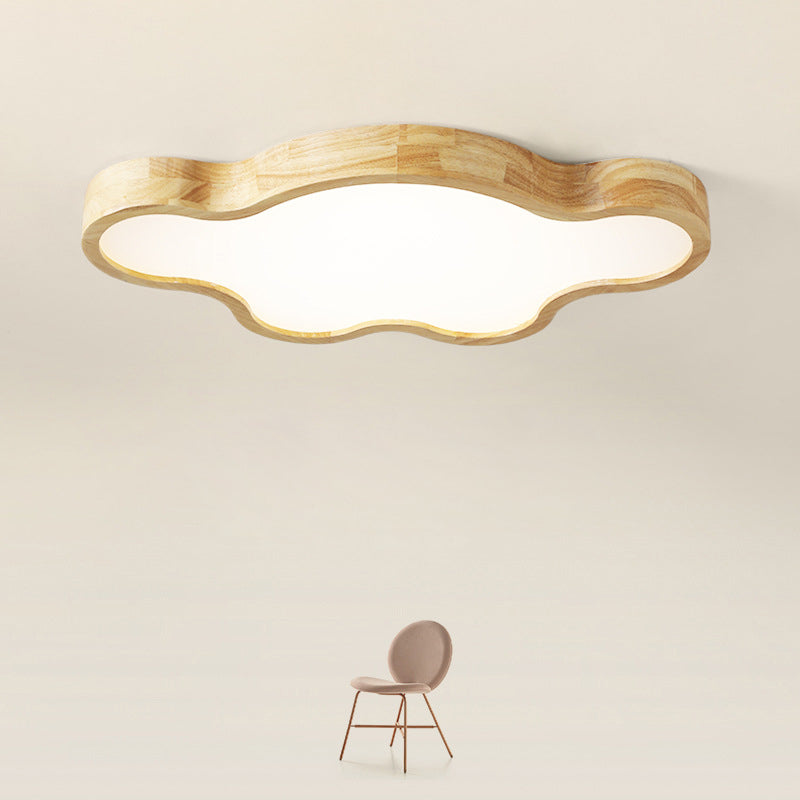 Traditional Japanese Solid Wood Acrylic Cloud Shade LED Flush Mount Ceiling Light For Living Room