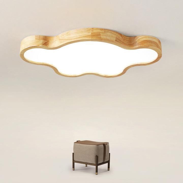 Traditional Japanese Solid Wood Acrylic Cloud Shade LED Flush Mount Ceiling Light For Living Room