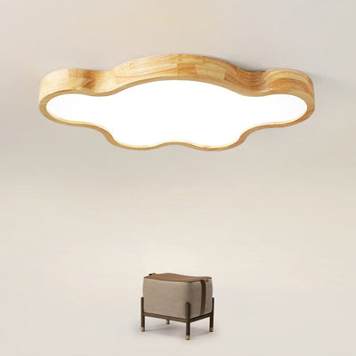Traditional Japanese Solid Wood Acrylic Cloud Shade LED Flush Mount Ceiling Light For Living Room
