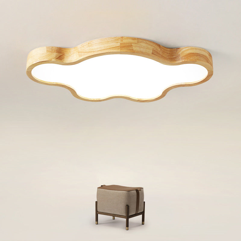 Traditional Japanese Solid Wood Acrylic Cloud Shade LED Flush Mount Ceiling Light For Living Room