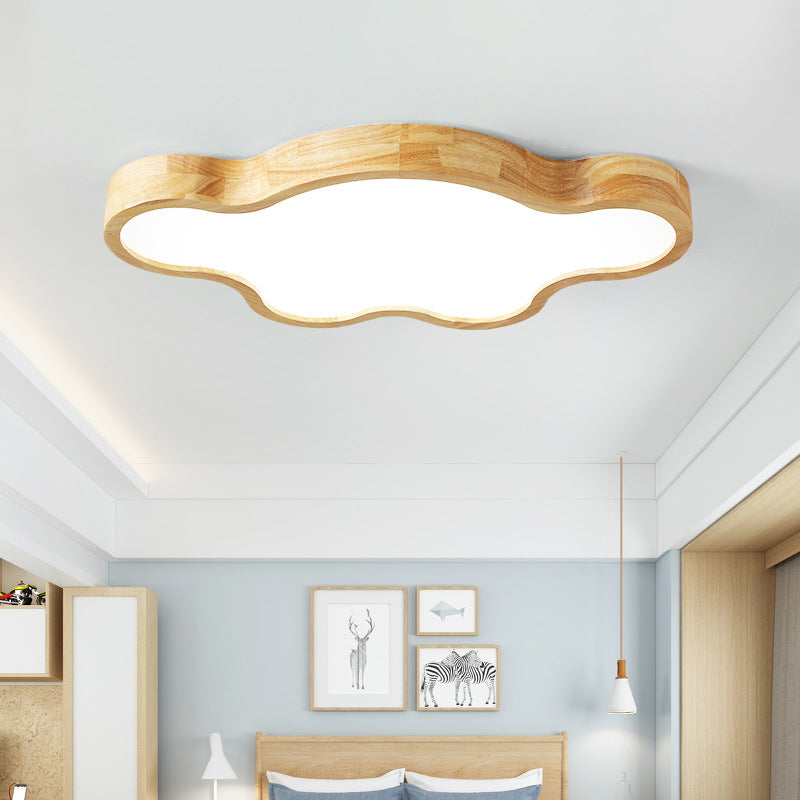 Traditional Japanese Solid Wood Acrylic Cloud Shade LED Flush Mount Ceiling Light For Living Room