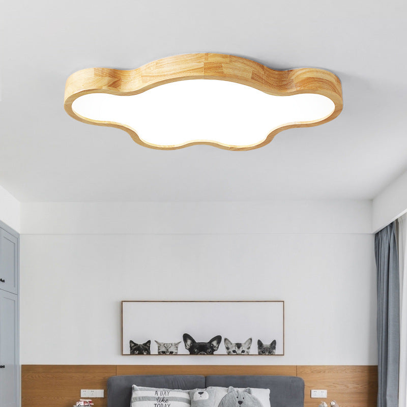 Traditional Japanese Solid Wood Acrylic Cloud Shade LED Flush Mount Ceiling Light For Living Room