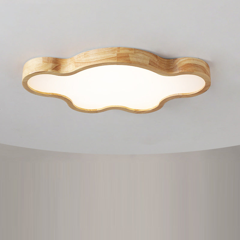 Traditional Japanese Solid Wood Acrylic Cloud Shade LED Flush Mount Ceiling Light For Living Room
