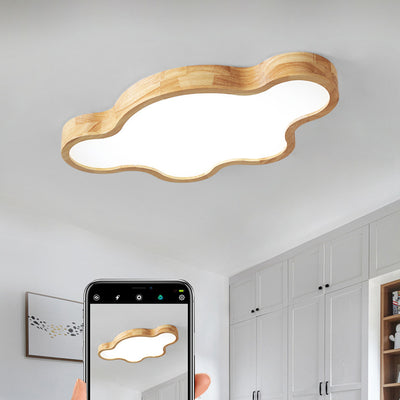 Traditional Japanese Solid Wood Acrylic Cloud Shade LED Flush Mount Ceiling Light For Living Room