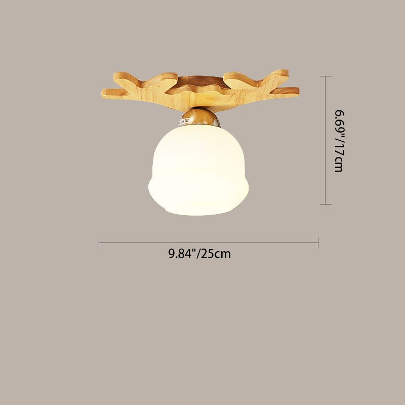 Lustre semi-encastré contemporain rétro en bois massif avec abat-jour rond en verre teinté à un feu pour chambre 