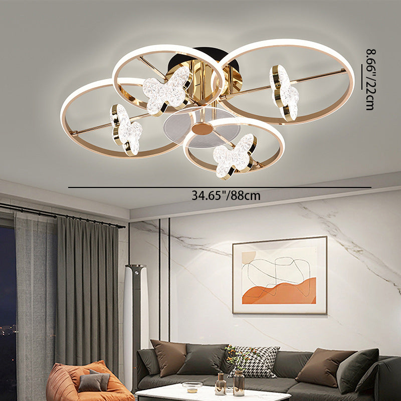 Lustre à montage semi-encastré moderne en acrylique avec abat-jour en forme de papillon et LED pour chambre 