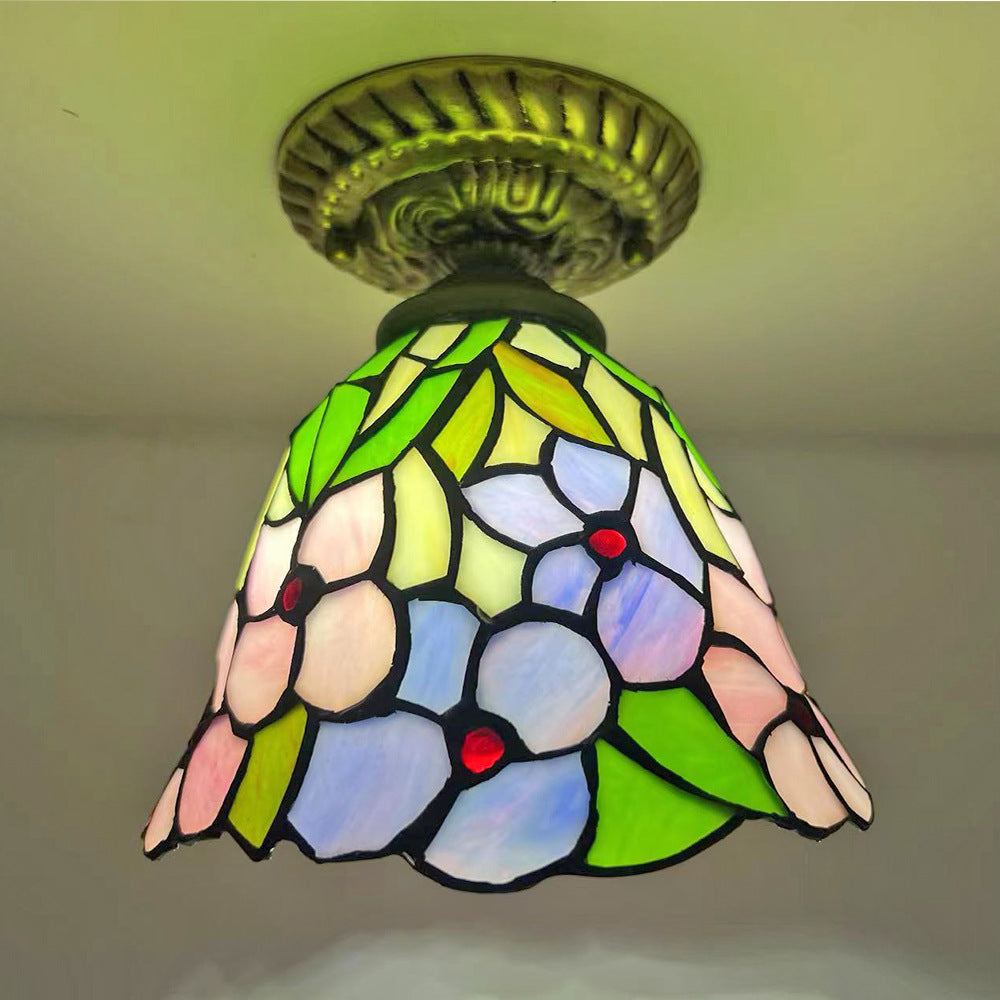 Traditionelle Tiffany-Buntglas-Rosenblume Rundschirm Harz 1-Licht Semi-Flush-Mount-Deckenleuchte für Schlafzimmer 
