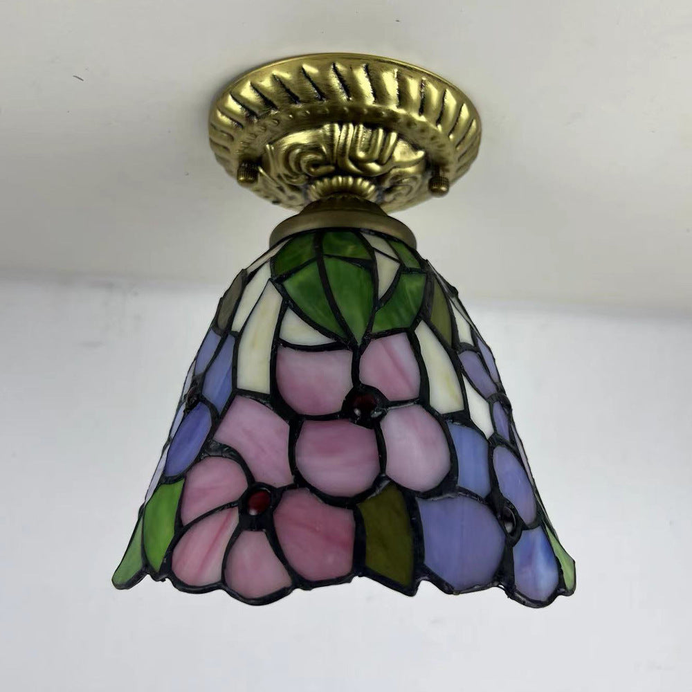Traditionelle Tiffany-Buntglas-Rosenblume Rundschirm Harz 1-Licht Semi-Flush-Mount-Deckenleuchte für Schlafzimmer 