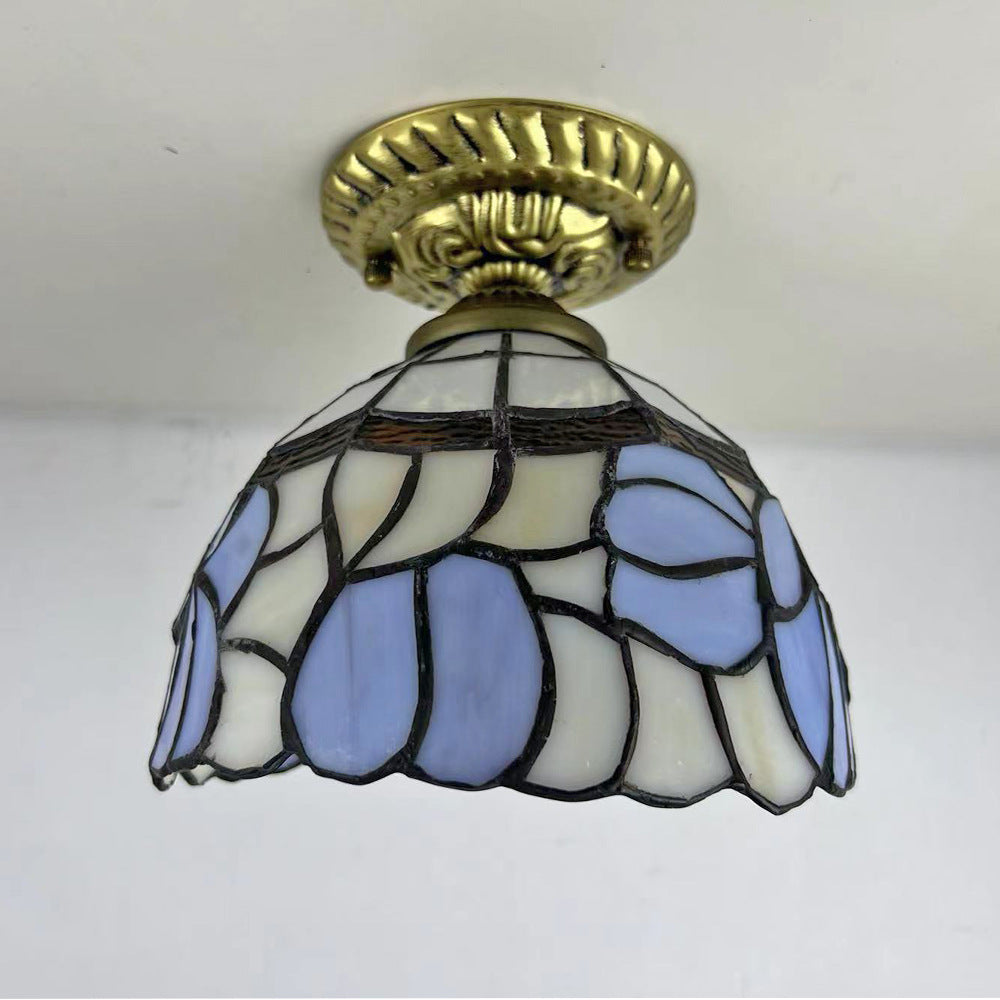 Traditionelle Tiffany-Buntglas-Rosenblume Rundschirm Harz 1-Licht Semi-Flush-Mount-Deckenleuchte für Schlafzimmer 