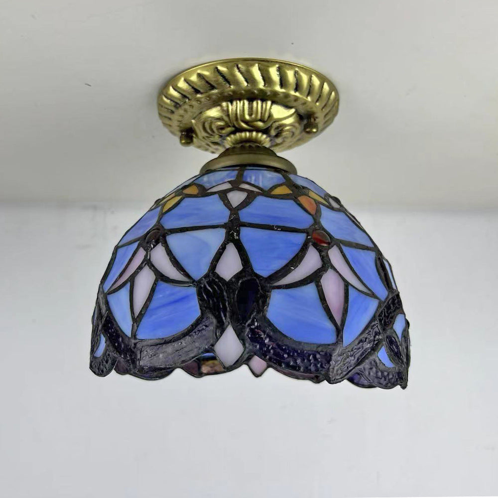 Traditionelle Tiffany-Buntglas-Rosenblume Rundschirm Harz 1-Licht Semi-Flush-Mount-Deckenleuchte für Schlafzimmer 
