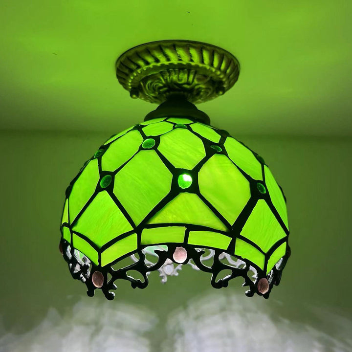 Traditionelle Tiffany-Buntglas-Rosenblume Rundschirm Harz 1-Licht Semi-Flush-Mount-Deckenleuchte für Schlafzimmer 