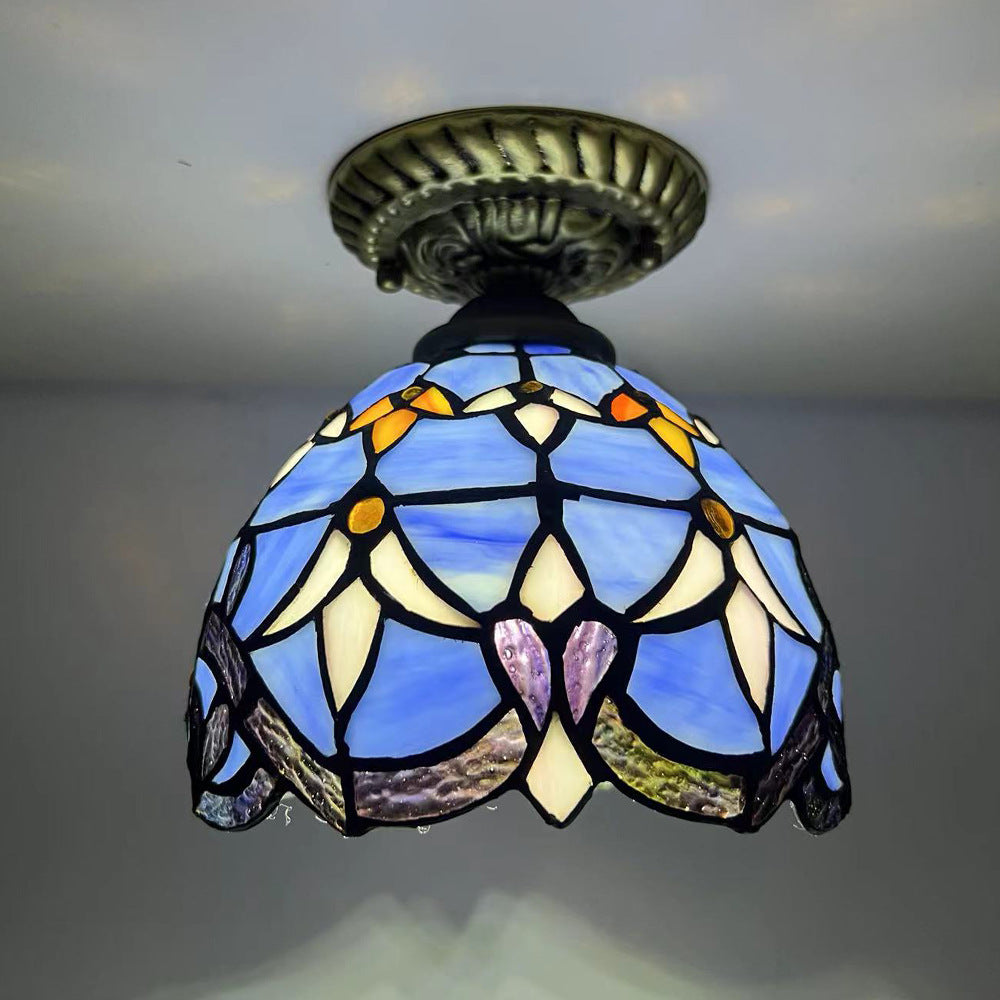 Traditionelle Tiffany-Buntglas-Rosenblume Rundschirm Harz 1-Licht Semi-Flush-Mount-Deckenleuchte für Schlafzimmer 