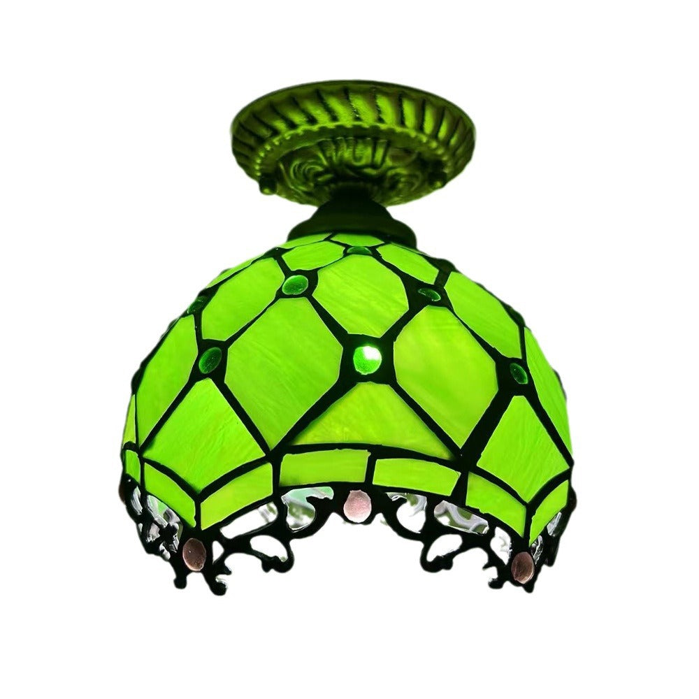Traditionelle Tiffany-Buntglas-Rosenblume Rundschirm Harz 1-Licht Semi-Flush-Mount-Deckenleuchte für Schlafzimmer 