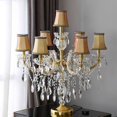 Lustre de table moderne en verre à sept lumières avec abat-jour en tissu plissé de luxe pour la maison et le bureau 