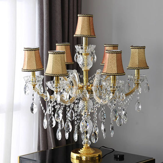 Lustre de table moderne en verre à sept lumières avec abat-jour en tissu plissé de luxe pour la maison et le bureau 