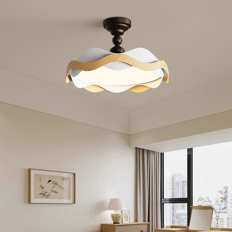 Contemporary Nordic Iron Imitation Wood Grain Corrugated LED Semi-Flush Mount Ceiling Light For Bedroom