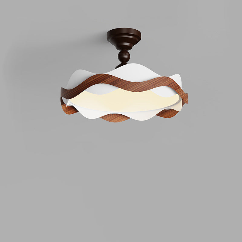 Contemporary Nordic Iron Imitation Wood Grain Corrugated LED Semi-Flush Mount Ceiling Light For Bedroom