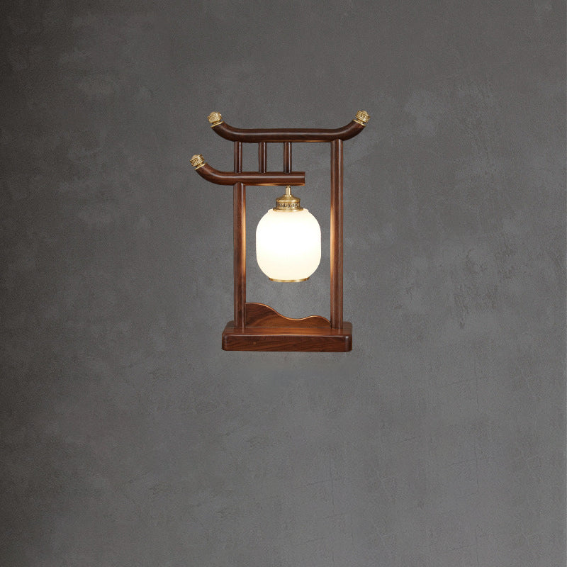 Lampe de table 1 lumière avec abat-jour rond en verre et cadre en bois massif chinois traditionnel pour maison et bureau 