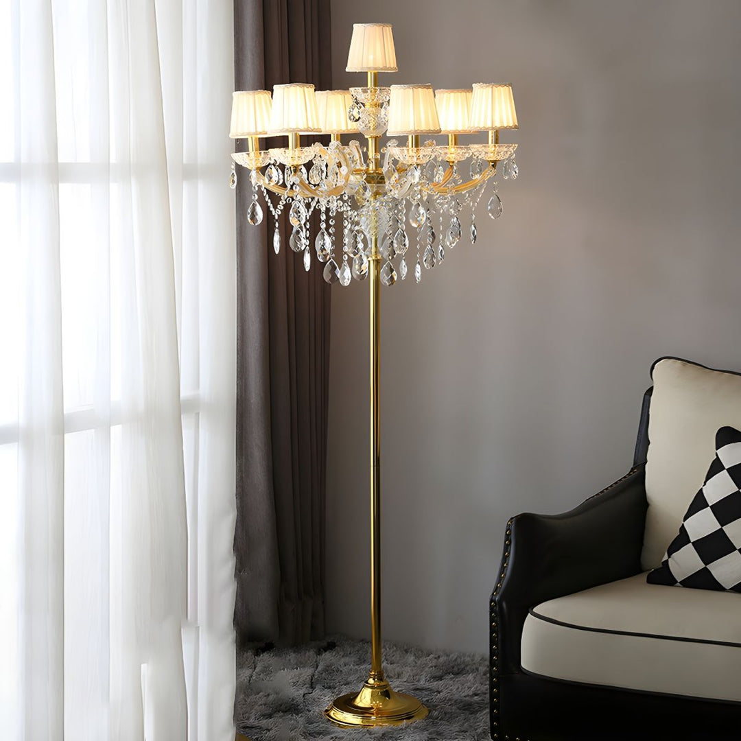 Lampadaire traditionnel européen à 7 lumières avec abat-jour plissé en tissu et candélabre en cristal pour maison et bureau 