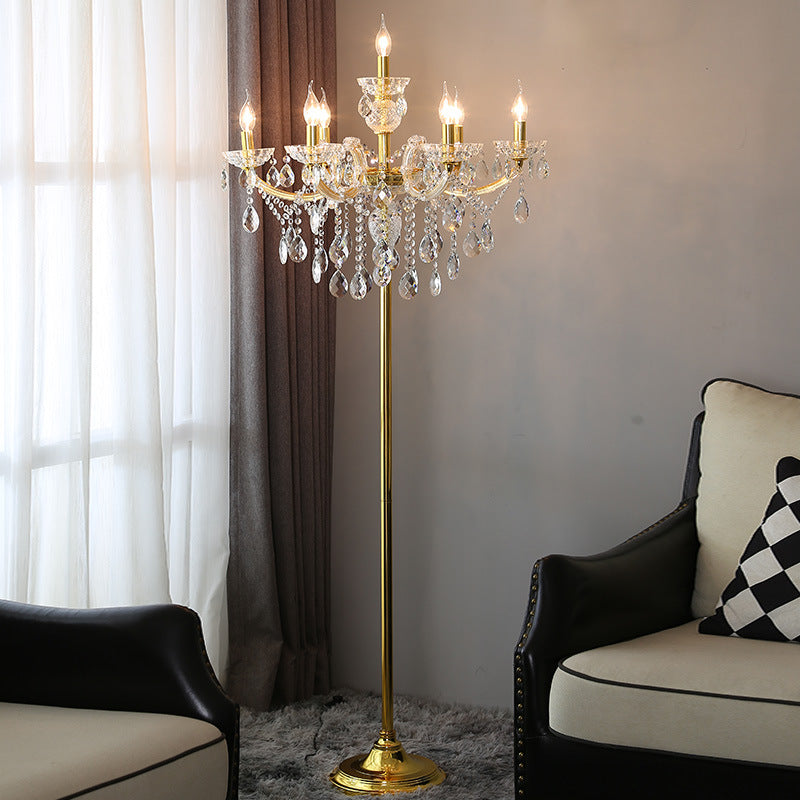 Lampadaire traditionnel européen à 7 lumières avec abat-jour plissé en tissu et candélabre en cristal pour maison et bureau 
