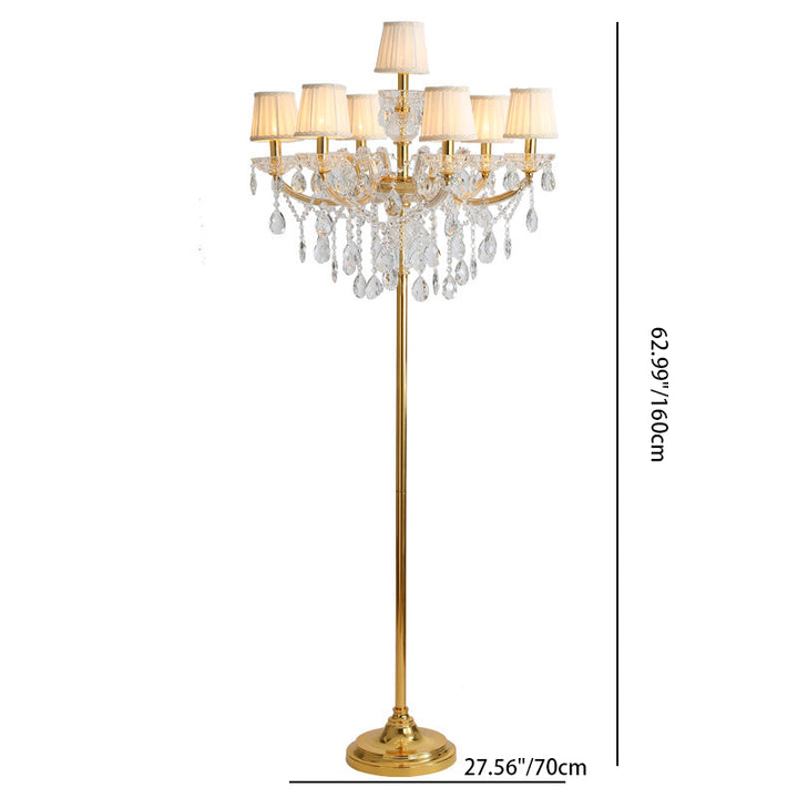 Lámpara de pie de 7 luces con candelabro de cristal y pantalla de tela plisada europea tradicional para el hogar y la oficina 