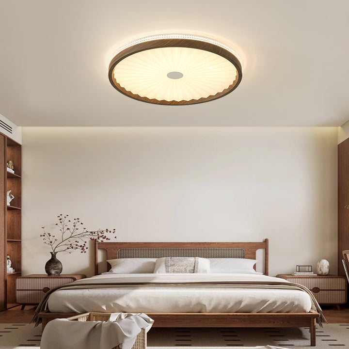 Plafonnier LED rond en acrylique plissé imitation bois contemporain pour chambre 