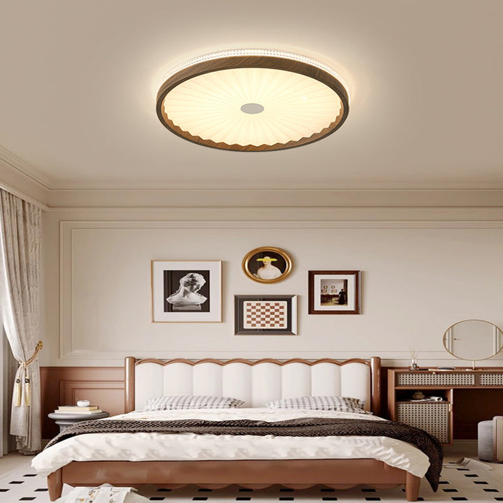 Plafonnier LED rond en acrylique plissé imitation bois contemporain pour chambre 