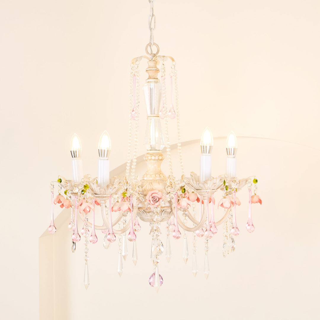 Chandelier à 5 lumières avec cristal en forme de rose traditionnelle française pour salon 